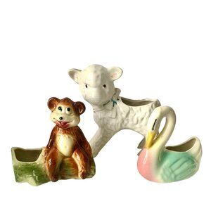 3 Vintage Planters Lamb Swan Bear On A Log Whimsical Cottage Core